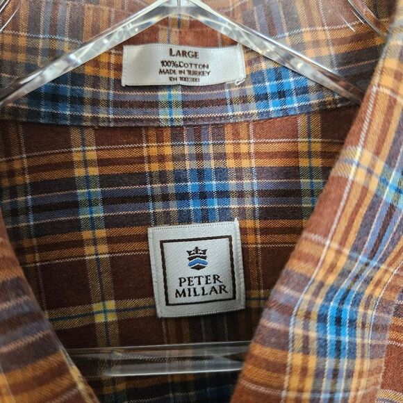 Peter Millar Shirt Mens L Blue Brown Orange Check Long Sleeve Button Down - Picture 2 of 3